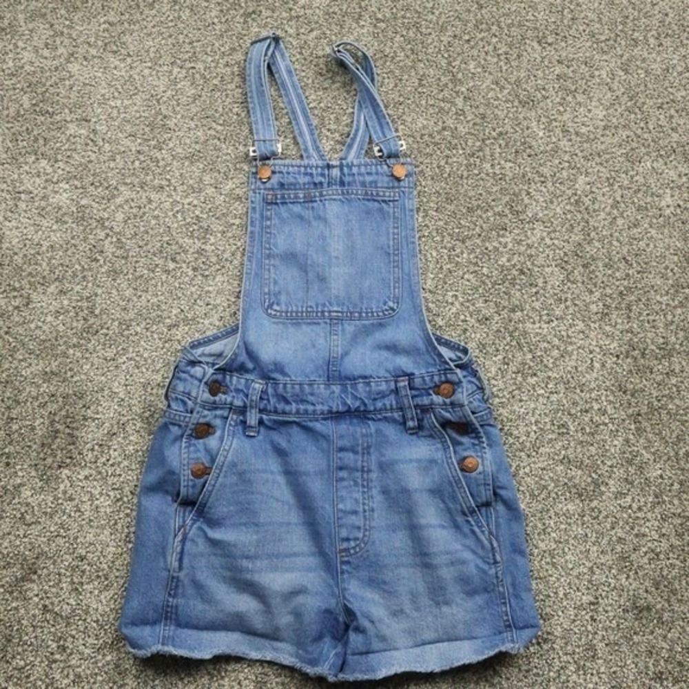 Madewell Denim Jean Shorts Overalls XS Blue Distressed Rolled Hem Cute Casual